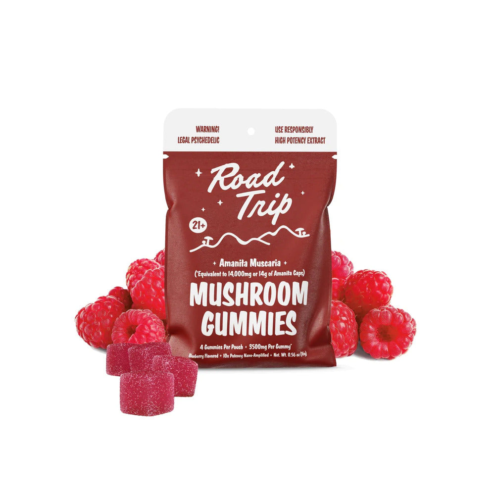 Road Trip Mushroom Gummies (14000mg 4ct Pouch) - Raspberry  with packaging