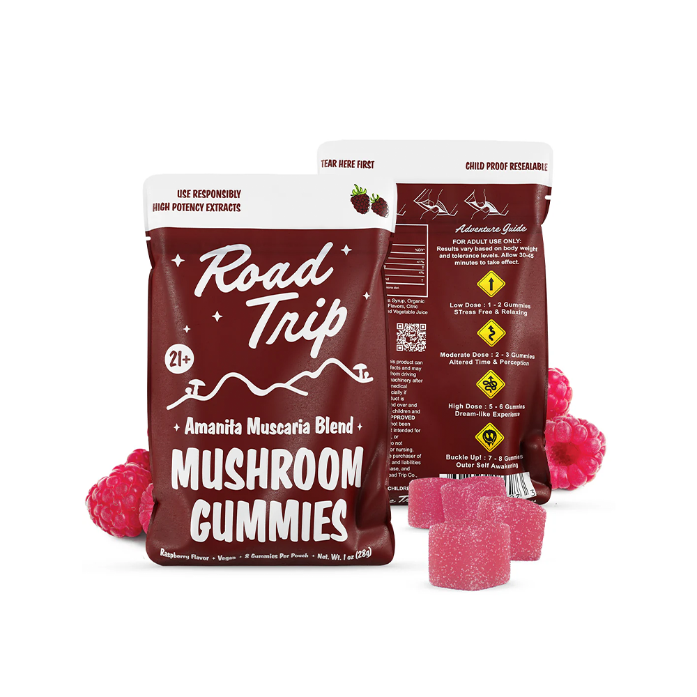 Road Trip Mushroom Gummies (28000mg 8ct Pouch) - Amanita Muscaria Mushroom Raspberry with packaging