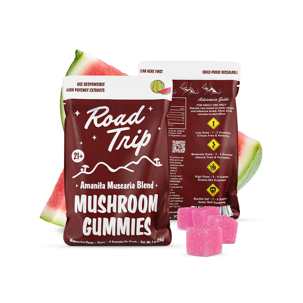 Road Trip Mushroom Gummies (28000mg 8ct Pouch) - Amanita Muscaria Mushroom Watermelon with packaging