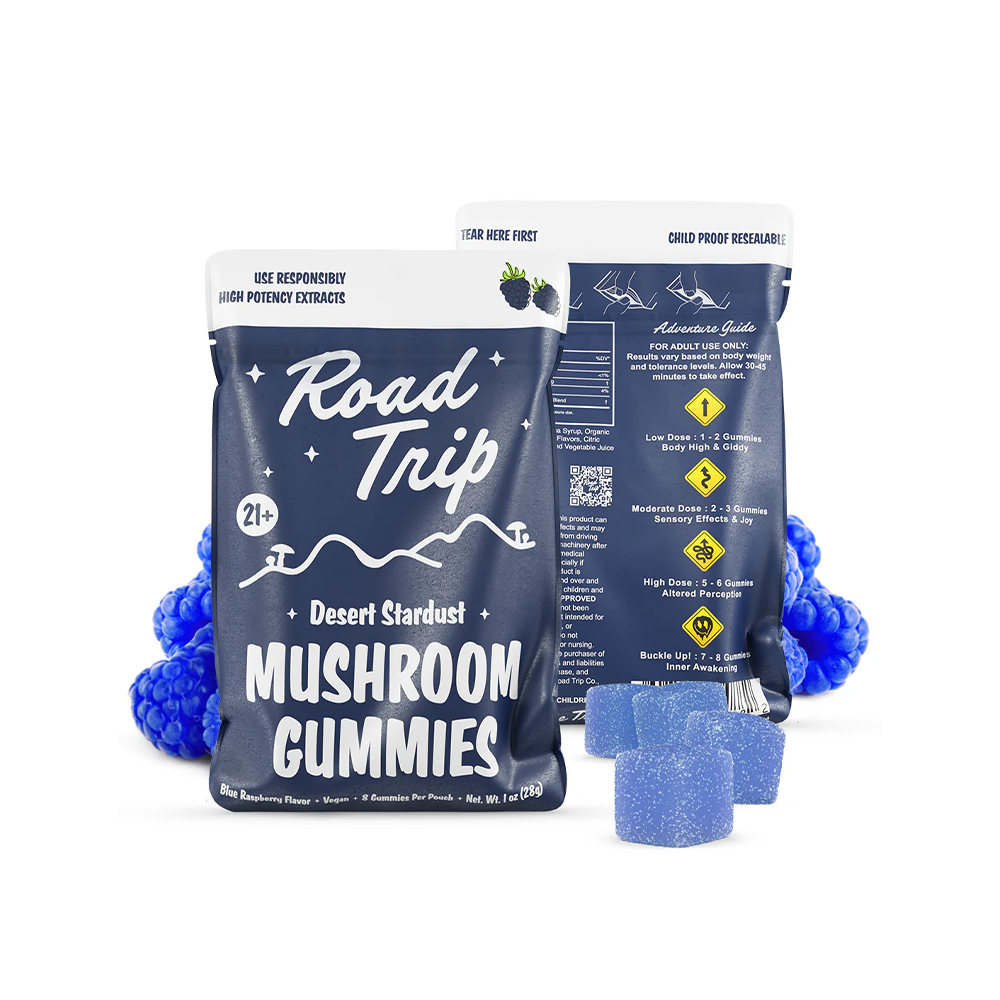 Road Trip Mushroom Gummies (28000mg 8ct Pouch) - Desert Stardust Mushroom Blue Raspberry with packaging