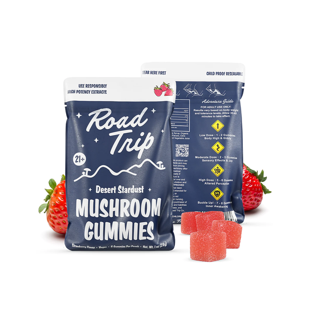 Road Trip Mushroom Gummies (28000mg 8ct Pouch) - Desert Stardust Mushroom Strawberry with packaging