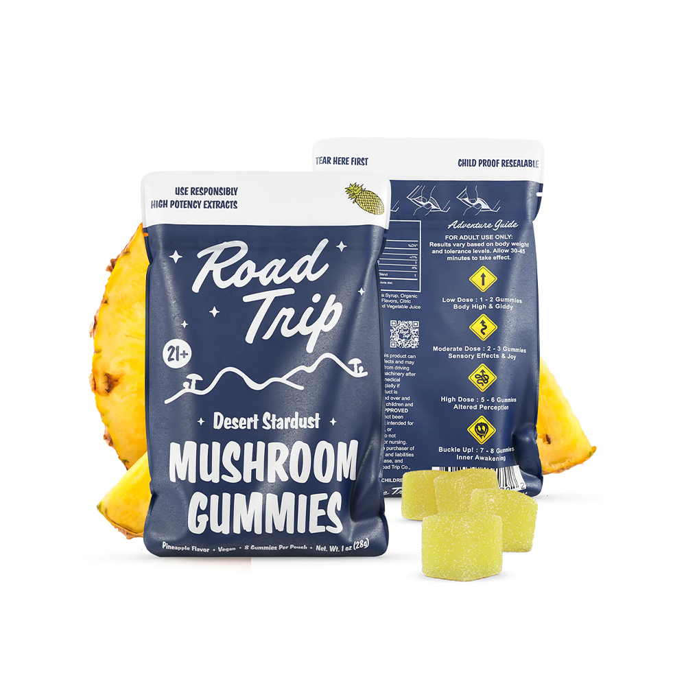Road Trip Mushroom Gummies (28000mg 8ct Pouch) - Desert Stardust Mushroom Pineapple with packaging