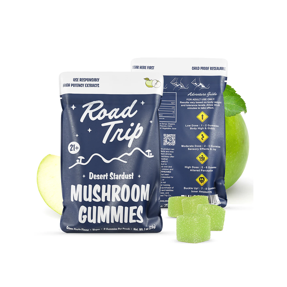 Road Trip Mushroom Gummies (28000mg 8ct Pouch) - Desert Stardust Mushroom Green Apple with packaging