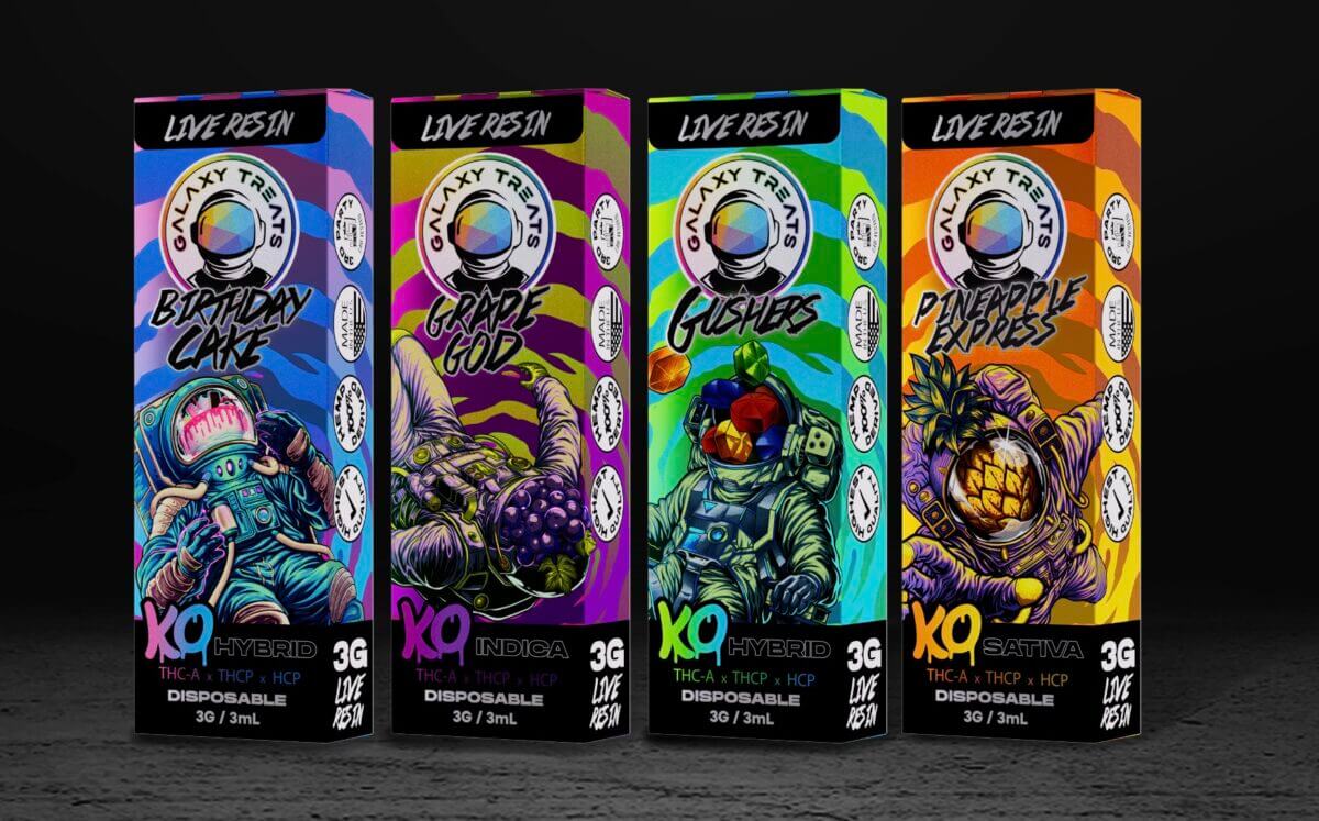 Galaxy Treats Knock Out Disposable (3g) - Group Image with packaging
