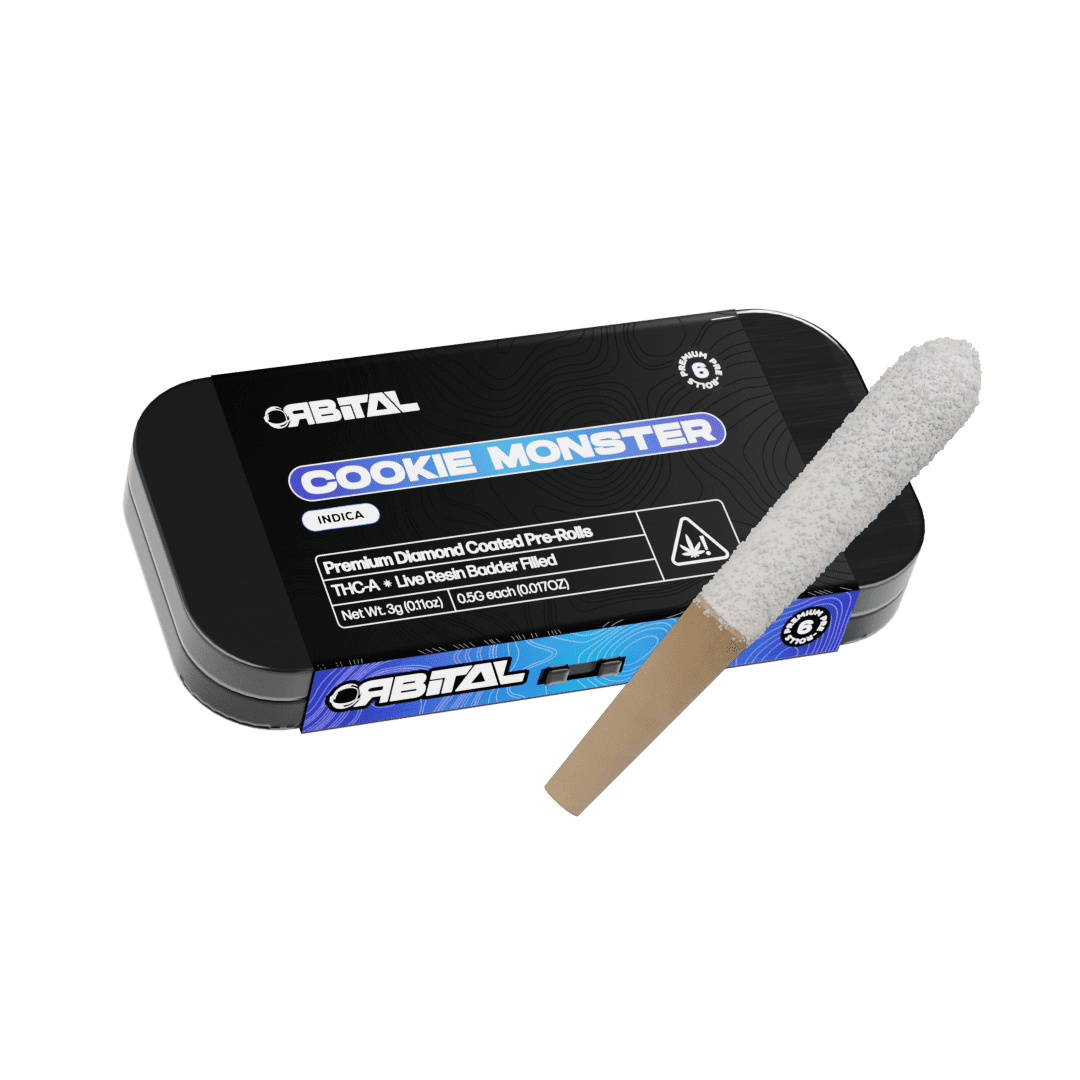 Galaxy Treats Orbital Diamond Coated Pre-Rolls (3g 6ct Tin) Cookie Monster with packaging