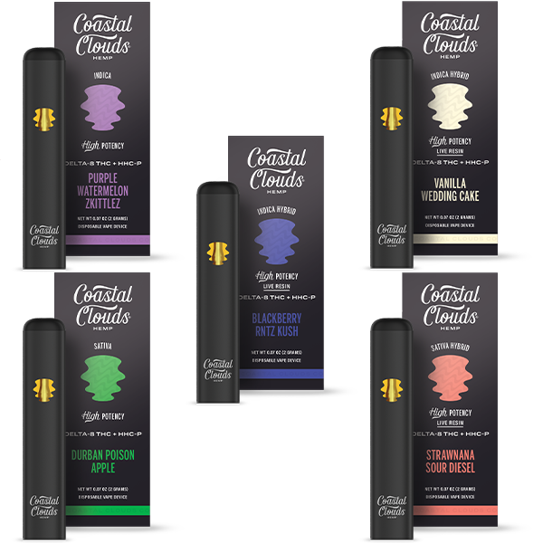 Coastal Clouds Hemp Live Resin D8 + HHCP Disposable (2g) Group Image with packaging