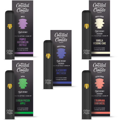 Coastal Clouds Hemp Live Resin D8 + HHCP Disposable (2g) Group Image with packaging