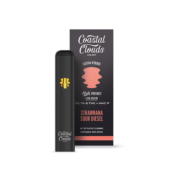Coastal Clouds Hemp Live Resin D8 + HHCP Disposable (2g) Strawnana Sour Diesel (Sativa Hybrid) with packaging