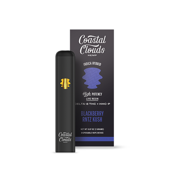 Coastal Clouds Hemp Live Resin D8 + HHCP Disposable (2g) Blackbery Rntz Kush (Indica Hybrid) with packaging