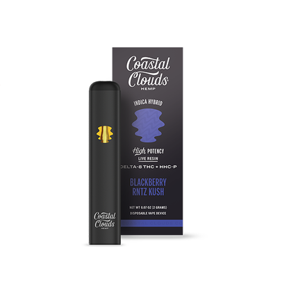 Coastal Clouds Hemp Live Resin D8 + HHCP Disposable (2g) Blackbery Rntz Kush (Indica Hybrid) with packaging