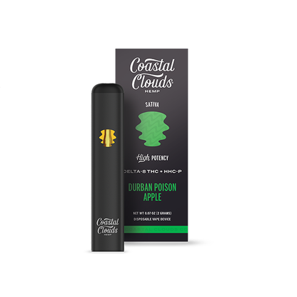 Coastal Clouds Hemp Live Resin D8 + HHCP Disposable (2g) Durban Poison Apple ( Sativa) with packaging