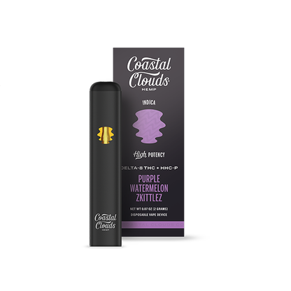 Coastal Clouds Hemp Live Resin D8 + HHCP Disposable (2g) Purple Watermelon Zkittlez (Indica) with packaging