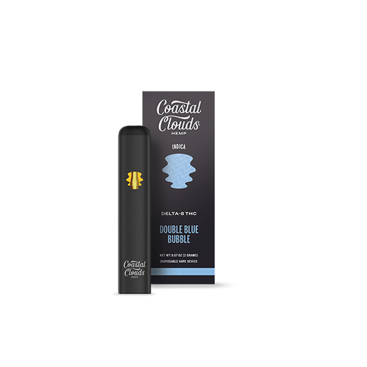 Coastal Clouds Hemp Live Resin D8 THC Disposable (2g) Double Blue Bubble (Indica) with packaging