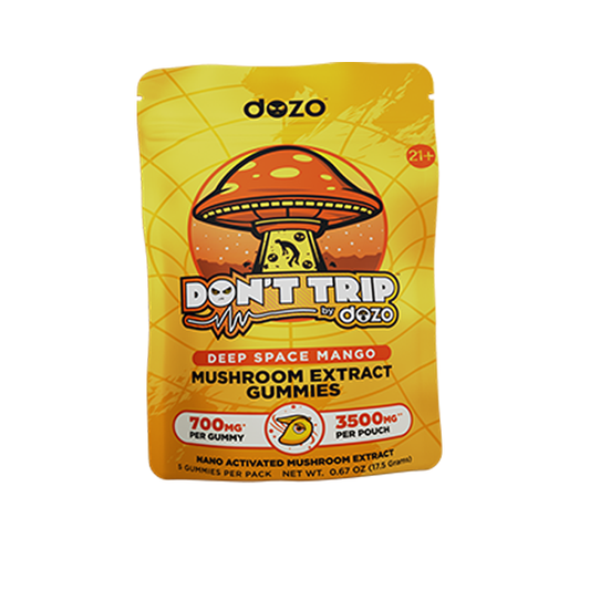 Dozo Don’t Trip Mushroom Gummies (3500mg 5ct Pouch) - Deep Space Mango with packaging