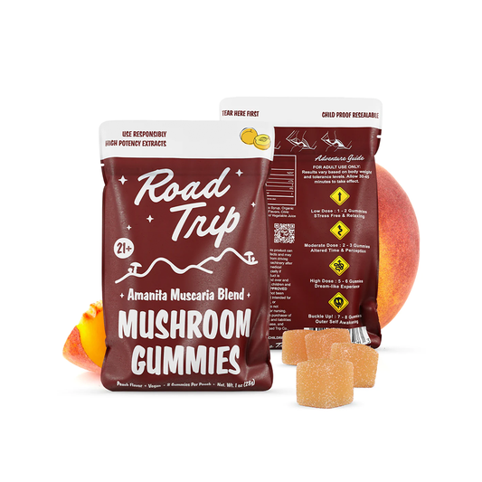 Road Trip Mushroom Gummies (28000mg 8ct Pouch)Amanita Muscaria Mushroom Peach with packaging