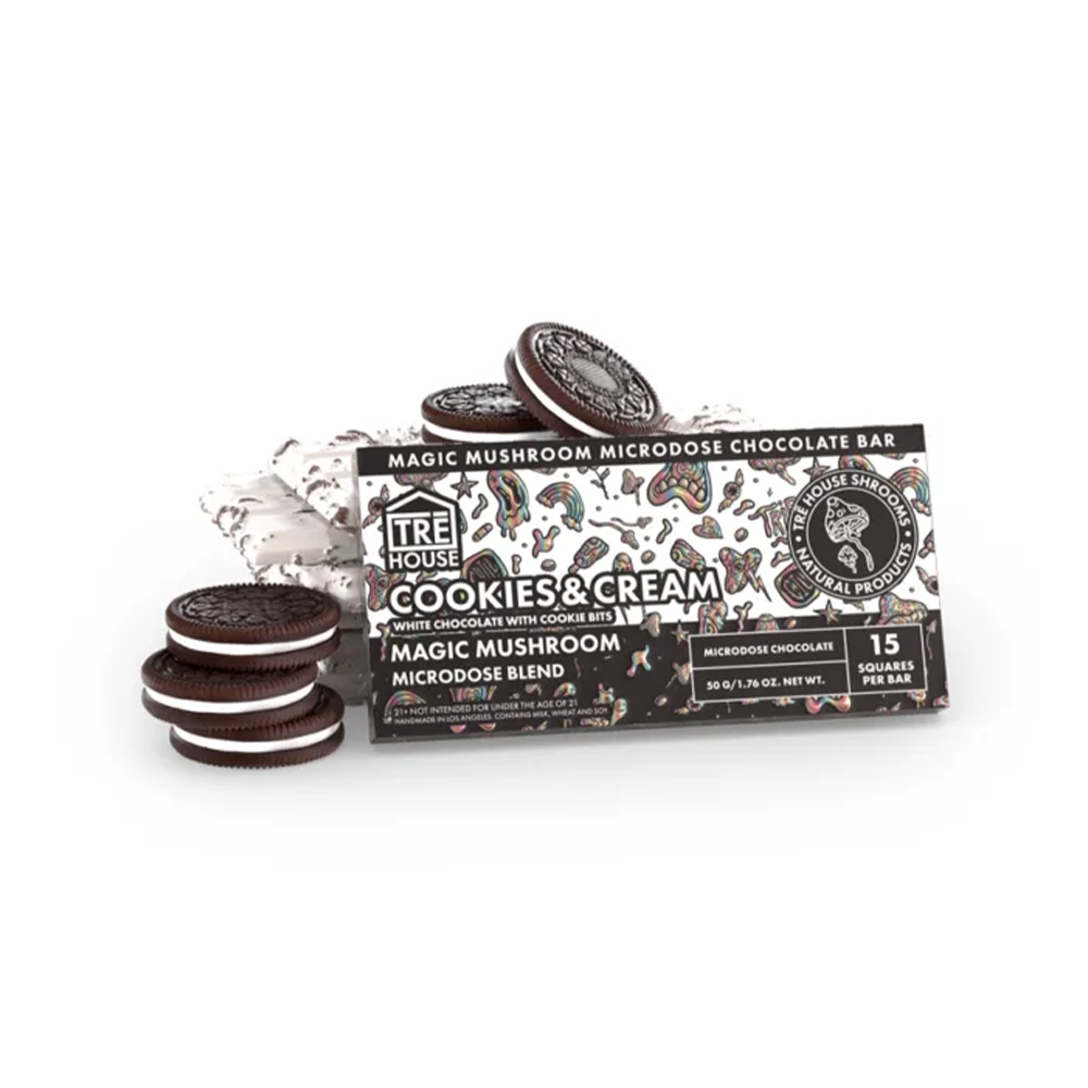 Tre House Magic Mushroom Chocolate Bar (337.5mg Bar) - Cookies and Cream with packaging