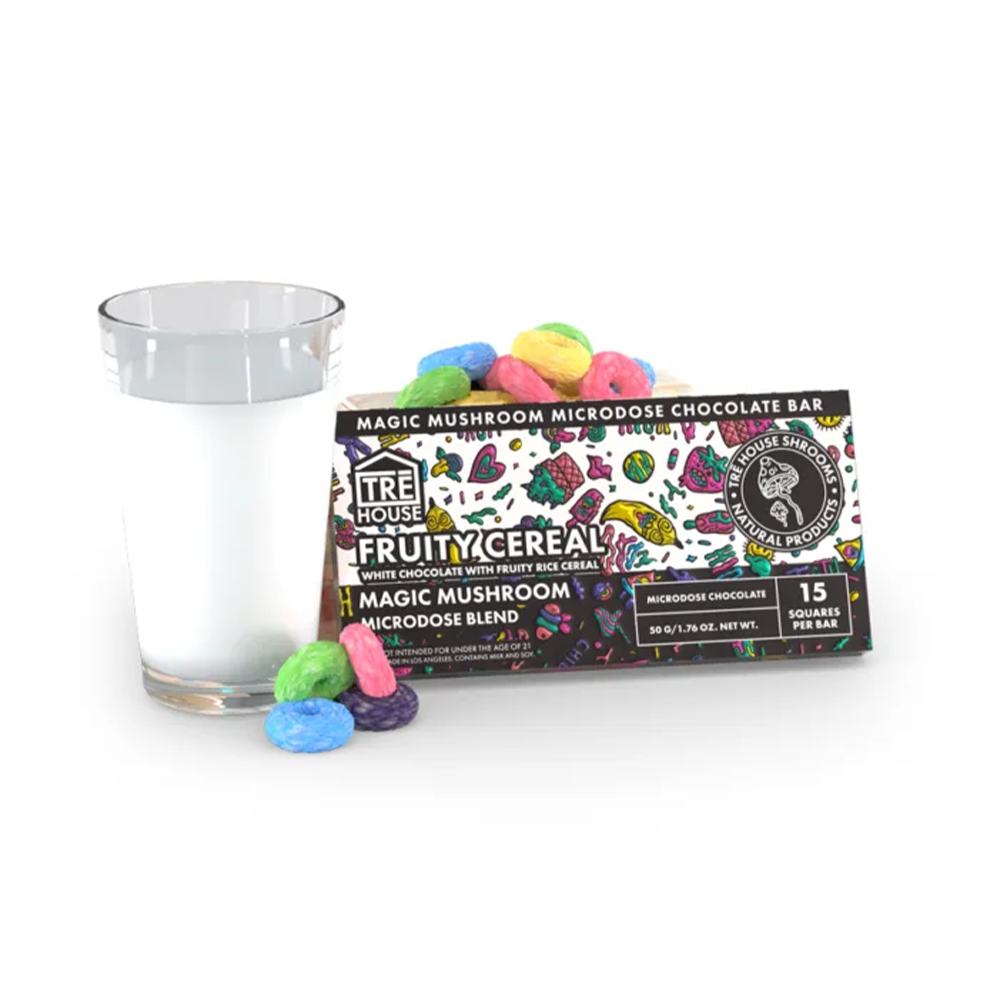 Tre House Magic Mushroom Chocolate Bar (337.5mg Bar) - Fruity Cereal with packaging