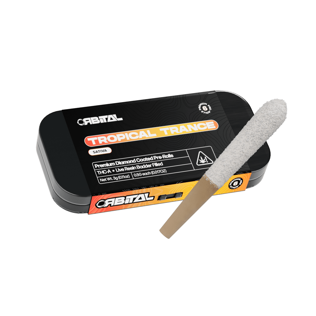 Galaxy Treats Orbital Diamond Coated Pre-Rolls (3g 6ct Tin) Tropical Trance with packaging