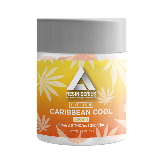 Delta Extrax Live Resin D9 Gummies (250mg 15ct Jar) Carribean cool with packaging