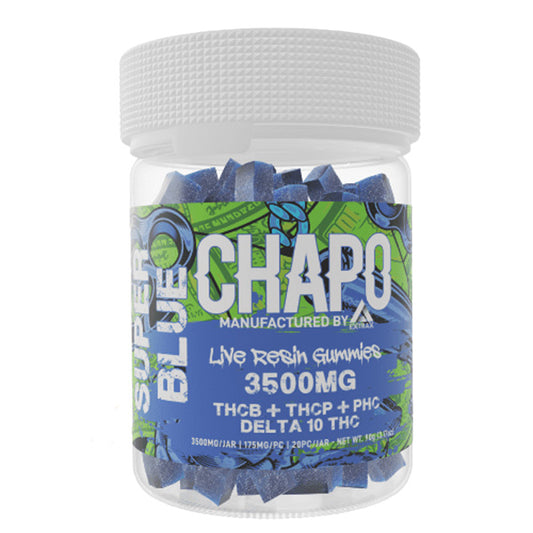 Chapo Extrax Live Resin D10 Gummies (3500mg 20pc Jar) Super Blue with packaging